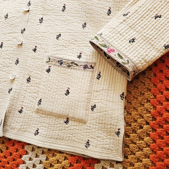 Vintage Reversible Quilted Floral Cream Off-White Light Asian Tang Style Jacket - Picture 13 of 16